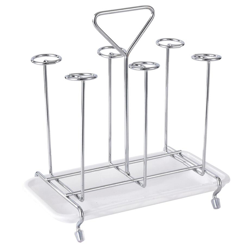 Milalit Glass Cup Bottle Drying Rack Metal Iron Silver Stand with Drain Tray 6 Holders Kitchen Wine Beer Beverage Drink Cups Organizer Portable Mug Beer Coffee Beverage Milk Drink Drying Holder with Draining Tray for Countertop Party Banquet