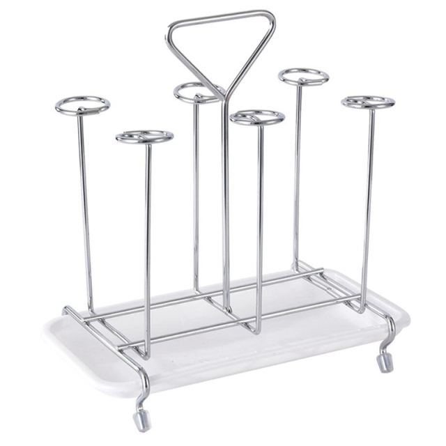 Milalit Glass Cup Bottle Drying Rack Metal Iron Silver Stand with Drain Tray 6 Holders Kitchen Wine Beer Beverage Drink Cups Organizer Portable Mug Beer Coffee Beverage Milk Drink Drying Holder with Draining Tray for Countertop Party Banquet