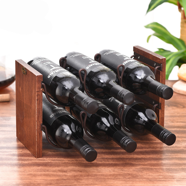 Milalit Rustic Double Tiers Wooden Wine Rack Stackable Metal Iron Timber Liquid Stemware 6 Bottles Holders for Cellar Cabinet Bar Pantry Kitchen