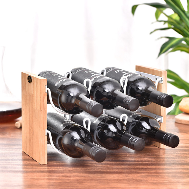 Milalit Rustic Double Tiers Wooden Wine Rack Stackable Metal Iron Timber Liquid Stemware 6 Bottles Holders for Cellar Cabinet Bar Pantry Kitchen