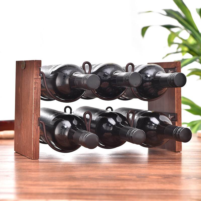 Milalit Rustic Double Tiers Wooden Wine Rack Stackable Metal Iron Timber Liquid Stemware 6 Bottles Holders for Cellar Cabinet Bar Pantry Kitchen