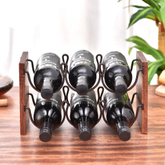 Milalit Rustic Double Tiers Wooden Wine Rack Stackable Metal Iron Timber Liquid Stemware 6 Bottles Holders for Cellar Cabinet Bar Pantry Kitchen