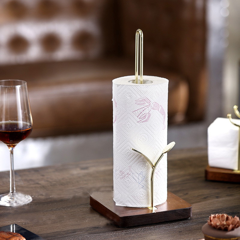 Milalit New Tabletop Solid Wooden No Rust Paper Tissue Roll Holders Metal Iron Collection Rust- Resistant Rack Towel Dispenser Stand Paper Napkin Holder for Luxury Hotel Kitchen Countertop Kitchen Bathroom Brown Golden