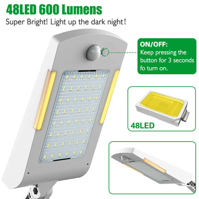 Milalit Solar Street Lights 48 LED Adjustable Security Lighting Wireless PIR Motion Sensor Light Waterproof Outdoor IP65 with Pole Wall Mounted Lamp for Yard Garage Garden Patio Deck White Black