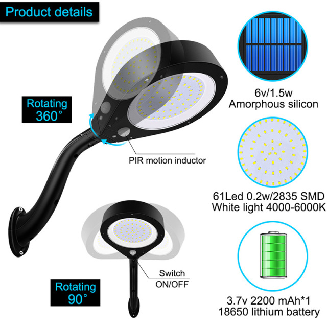 Milalit PIR Sensor Automatic Light Control 800lm Solar Shower Rose Shape Wall Light Weatherproof 61LED  Superbright Wall Light Li-ion Rechargeable Battery Lamp Outdoor Lamps for Garden Lounge Garage