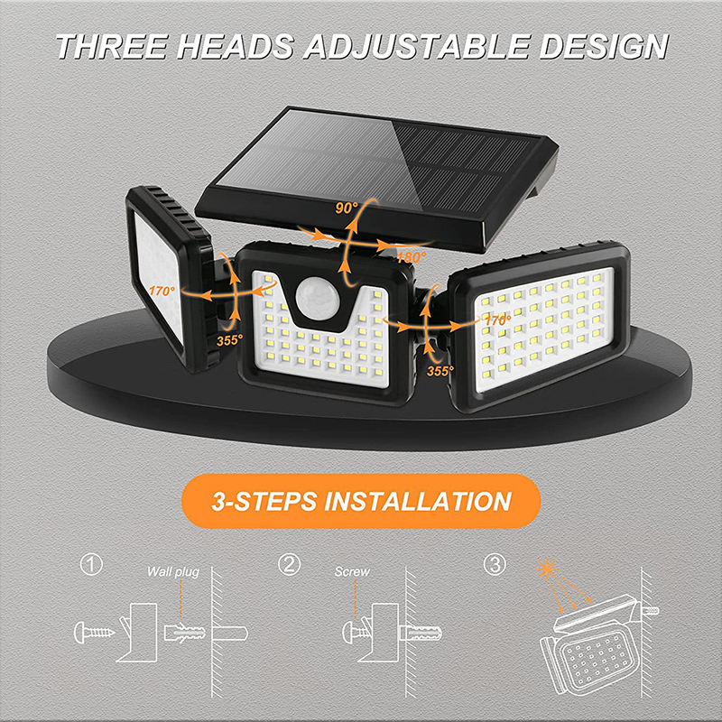 Milalit Wireless Solar 74LED 70LED Split 3 Head Super Bright Wall Light Motion Senor Waterproof Outdoor Security Lights for Garden Warehouse Parking Front Gate
