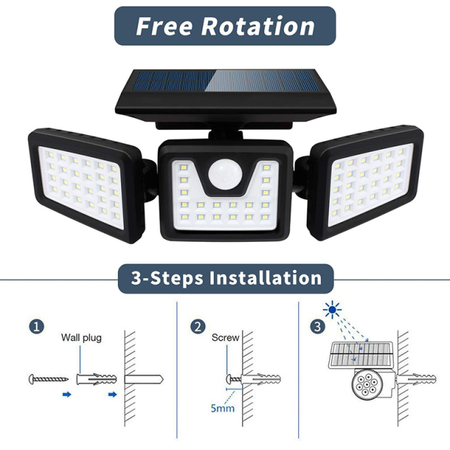 Milalit Wireless Solar 74LED 70LED Split 3 Head Super Bright Wall Light Motion Senor Waterproof Outdoor Security Lights for Garden Warehouse Parking Front Gate
