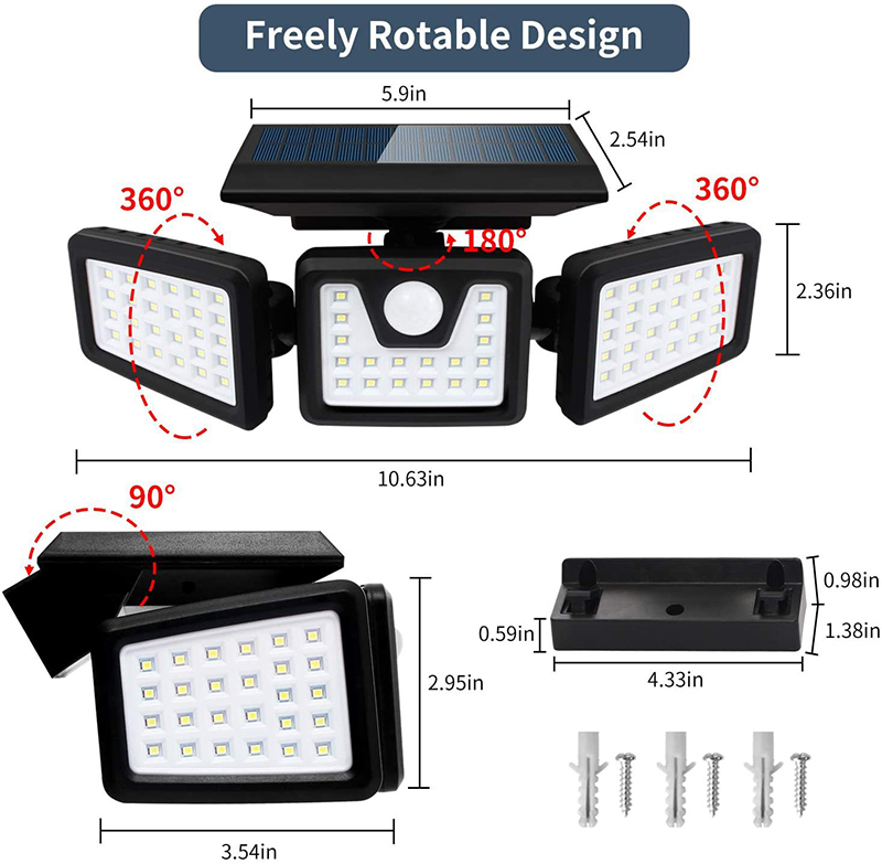 Milalit Wireless Solar 74LED 70LED Split 3 Head Super Bright Wall Light Motion Senor Waterproof Outdoor Security Lights for Garden Warehouse Parking Front Gate