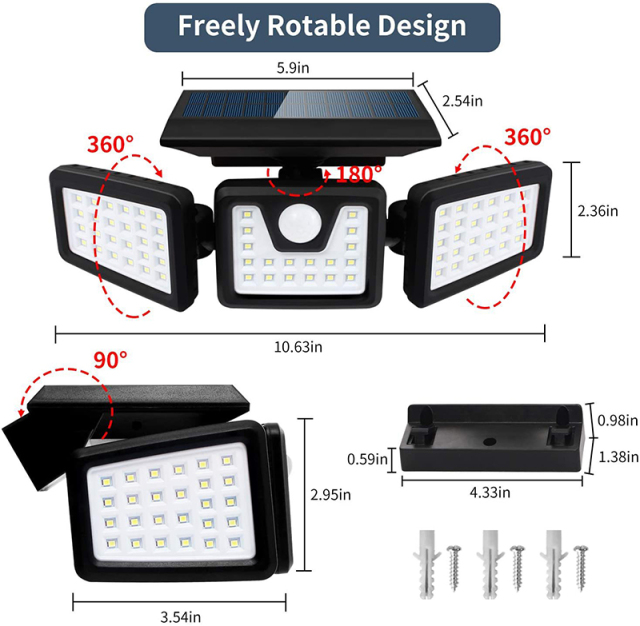 Milalit Wireless Solar 74LED 70LED Split 3 Head Super Bright Wall Light Motion Senor Waterproof Outdoor Security Lights for Garden Warehouse Parking Front Gate