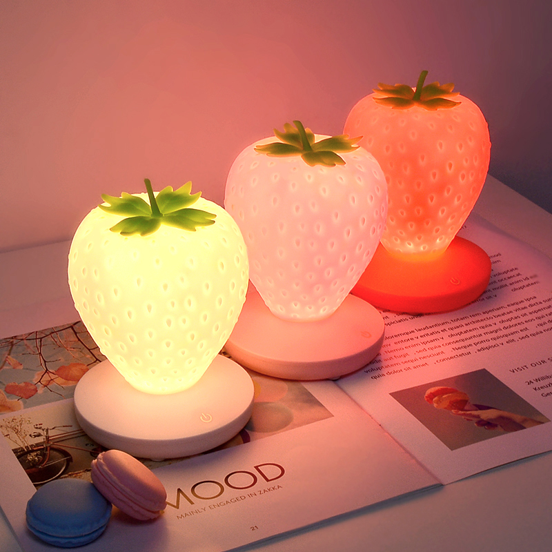Milalit Strawberry USB LED Dimming Romantic Soft Indoor Bedroom Warm and Sweet Fruit Desk Table Lamp Red Pink White Reading Night Nursery Touch Switch Light for Children Kids Lovers Friends Family Present