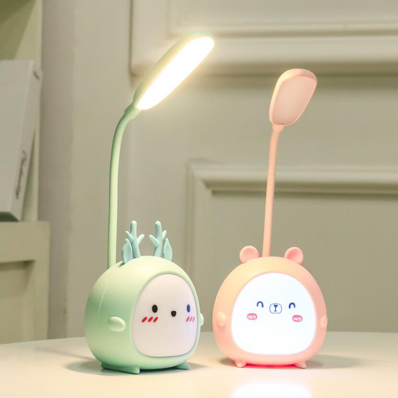 Milalit Cute Cartoon Bear Lovely Rabbit LED Light USB Port Rechargeable Pig Sheep Animal Eye-Caring Desktop RGB White 3 Lighting Modes Desk Deer Table Lamp for Indoor Study Office Bedroom Children Kids Reading Gift