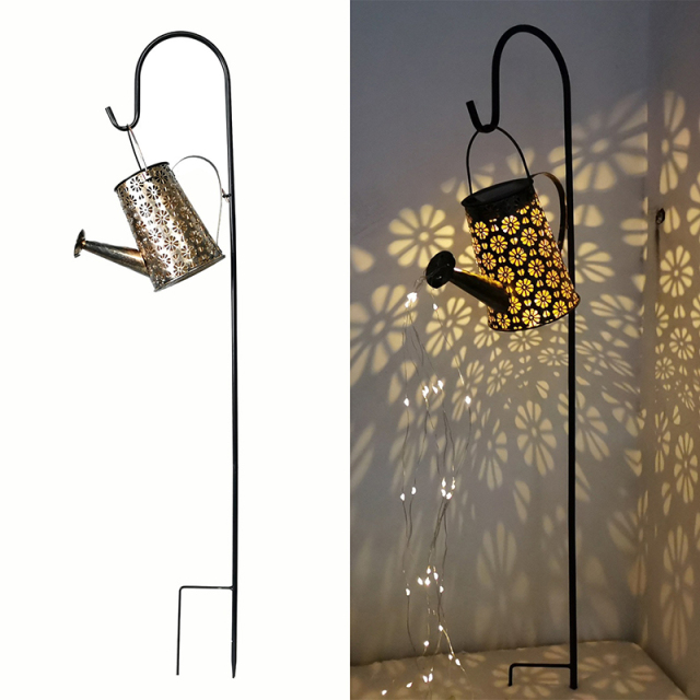 Milalit Garden Solar Daisy Flower Watering Can Metal Iron Waterfall Bottle Decorative Kettle with Shepherd Hook for Park Lawn Yard Patio LED Bottle Lamp Twinkle Flickering Iron Metal Daisy Hanging Kettle Lantern Holiday Festival Christmas Decoration