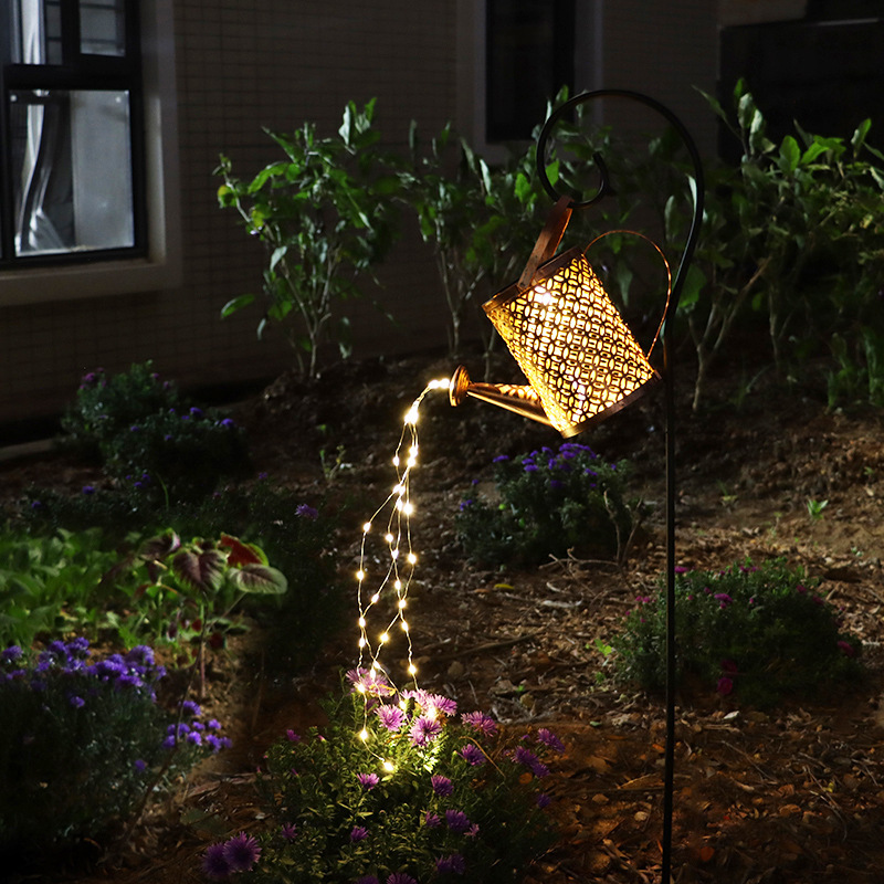 Milalit Solar Metal Kettle LED Light Water Shower Watering Can with Sprinkle LED Lights Bottle Waterproof Outdoor Decorative Iron Artwork Hollow Wrought Decorative Lamp for Landscape Park Garden Holiday Festival