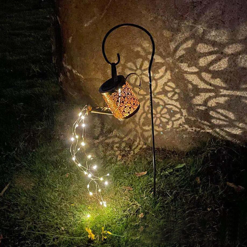 Milalit Solar Metal Kettle LED Light Water Shower Watering Can with Sprinkle LED Lights Bottle Waterproof Outdoor Decorative Iron Artwork Hollow Wrought Decorative Lamp for Landscape Park Garden Holiday Festival