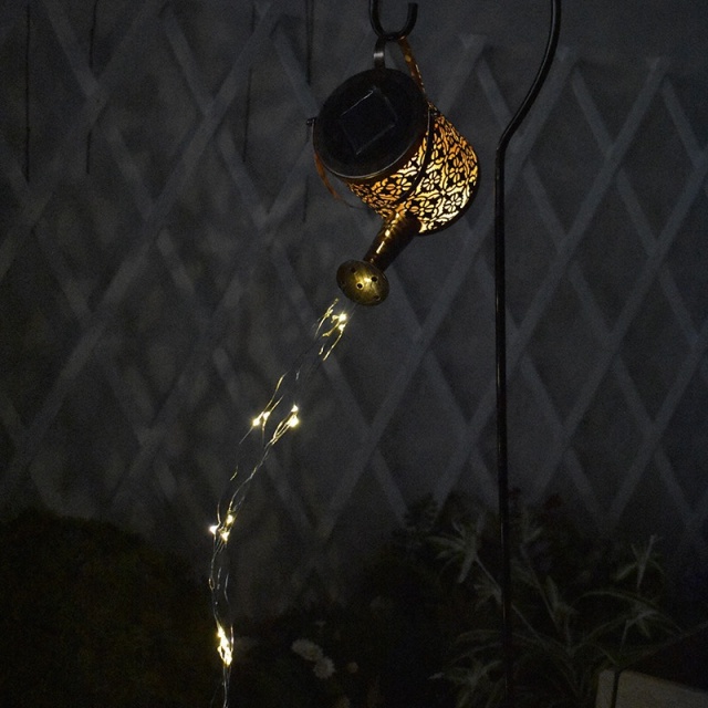 Milalit Solar Metal Kettle LED Light Water Shower Watering Can with Sprinkle LED Lights Bottle Waterproof Outdoor Decorative Iron Artwork Hollow Wrought Decorative Lamp for Landscape Park Garden Holiday Festival