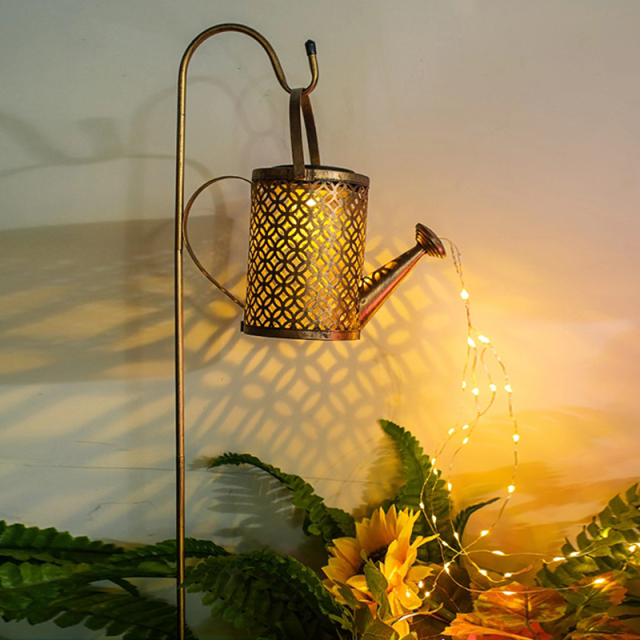 Milalit Solar Metal Kettle LED Light Water Shower Watering Can with Sprinkle LED Lights Bottle Waterproof Outdoor Decorative Iron Artwork Hollow Wrought Decorative Lamp for Landscape Park Garden Holiday Festival