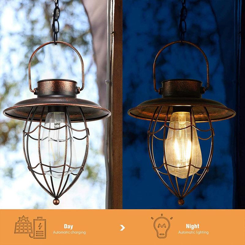 Milalit Solar Garden Ornaments LED Filament Glass Bulb Vintage Retro Tungsten Bronze Metal Lantern for Lawn Holiday Courtyard Driveway