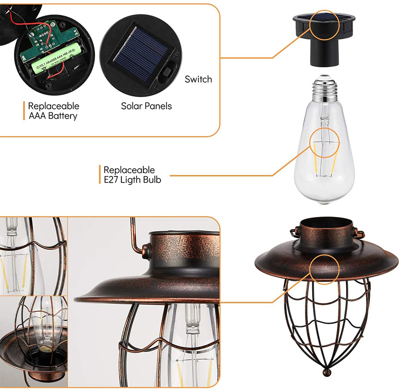 Milalit Solar Garden Ornaments LED Filament Glass Bulb Vintage Retro Tungsten Bronze Metal Lantern for Lawn Holiday Courtyard Driveway