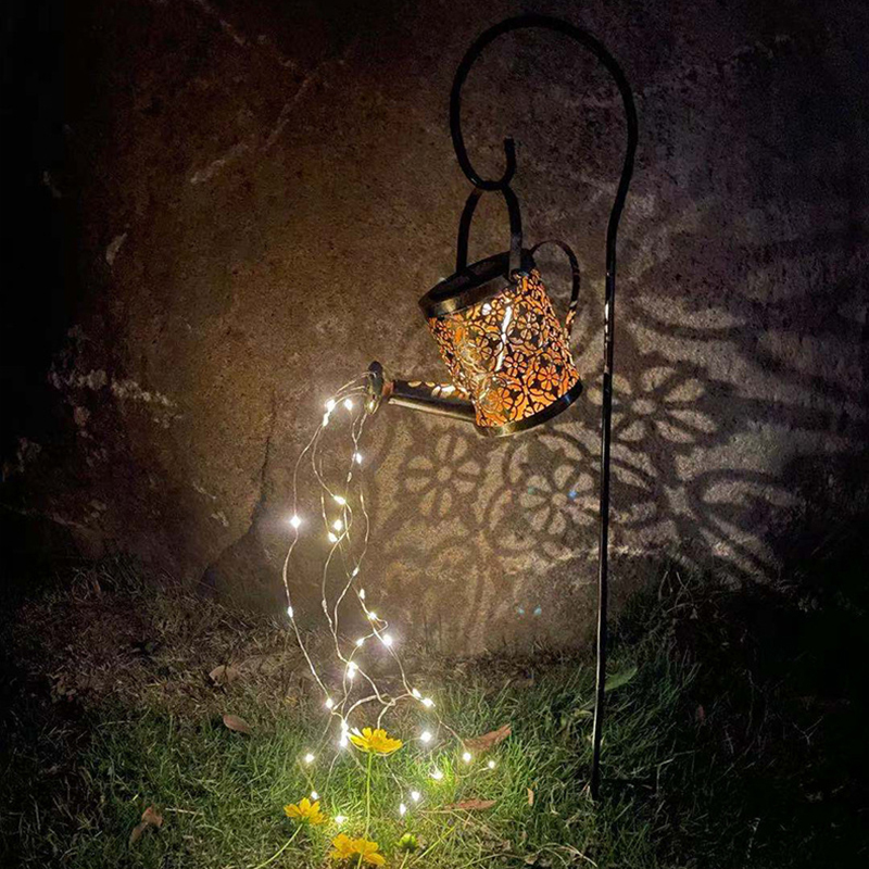 Milalit Solar Metal Kettle LED Light Water Shower Watering Can with Sprinkle LED Lights Bottle Waterproof Outdoor Decorative Iron Artwork Hollow Wrought Decorative Lamp for Landscape Park Garden Holiday Festival