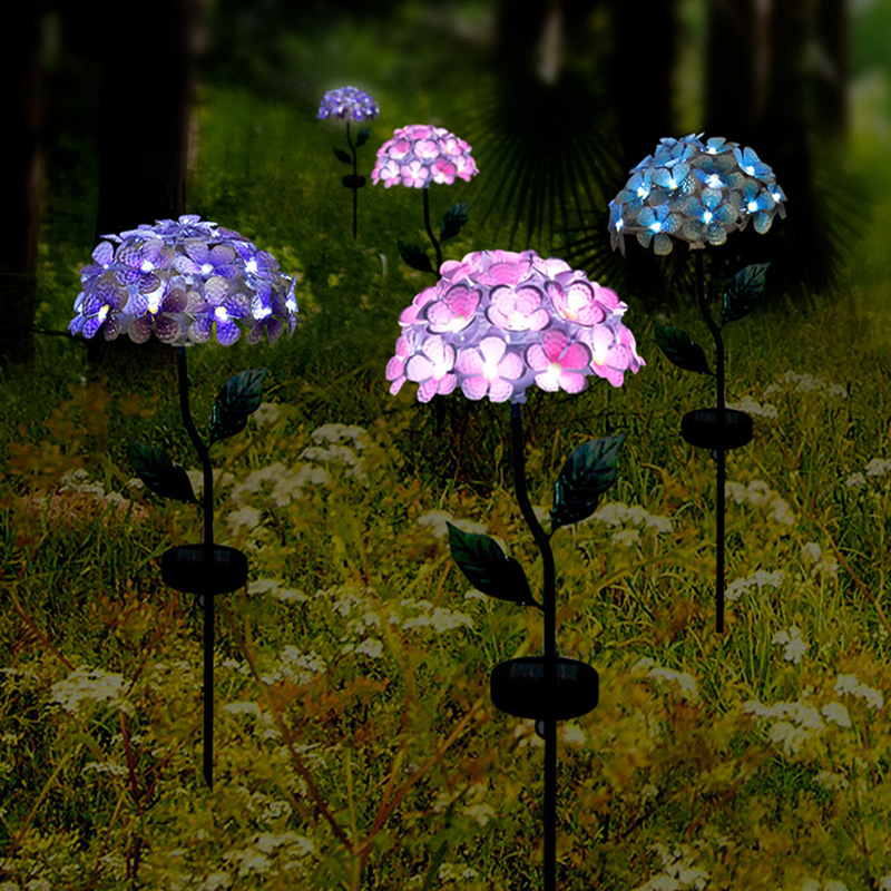 Milalit Solar Iron Metal Hydrangea Bloom Flowers LED Light Purple Blue Red Pink Bouquet Bunch Floral Stake Lamp for Porch Pathway Garden Lawn Yard Flowerpot Decoration