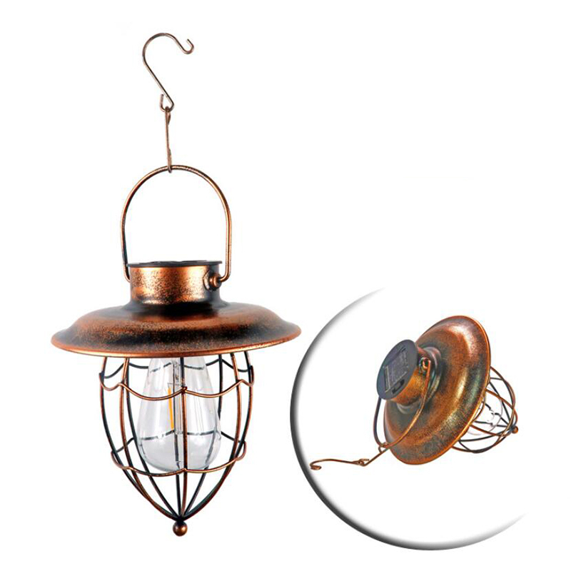 Milalit Solar Garden Ornaments LED Filament Glass Bulb Vintage Retro Tungsten Bronze Metal Lantern for Lawn Holiday Courtyard Driveway