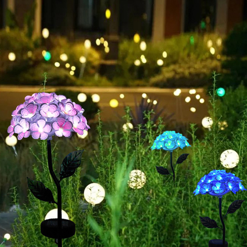 Milalit Solar Iron Metal Hydrangea Bloom Flowers LED Light Purple Blue Red Pink Bouquet Bunch Floral Stake Lamp for Porch Pathway Garden Lawn Yard Flowerpot Decoration