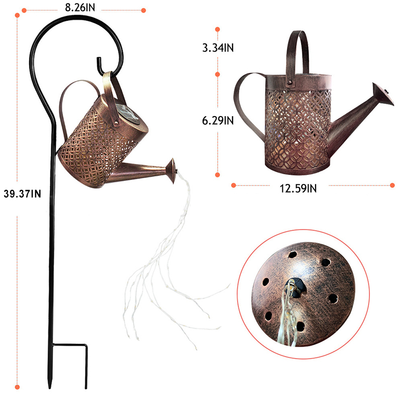 Milalit Solar Metal Kettle LED Light Water Shower Watering Can with Sprinkle LED Lights Bottle Waterproof Outdoor Decorative Iron Artwork Hollow Wrought Decorative Lamp for Landscape Park Garden Holiday Festival