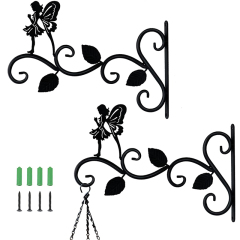Milalit Decorative 3 Leaf Beauty Fairy Pattern Hanging Plants Bracket Bird Feeder Metal Iron Black Hanger Flower Basket Garden Wall Hook Iron Metal Fairy Beauty Design Decorative Brackets for Bird Nest Potted Plant Garden Street Lights Wind Chime