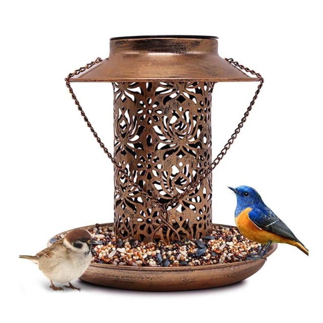 Milalit Solar Bird Hummingbird Feeder Hanging Metal Lantern with LED Light Hollow Carved Lamp for Outdoor Wide Animal Yard Decoration Hanging Metal Wild Bird Feeder Cardinals Garden Weather Resistance LED Lantern with S Hook Gift for Bird Lovers
