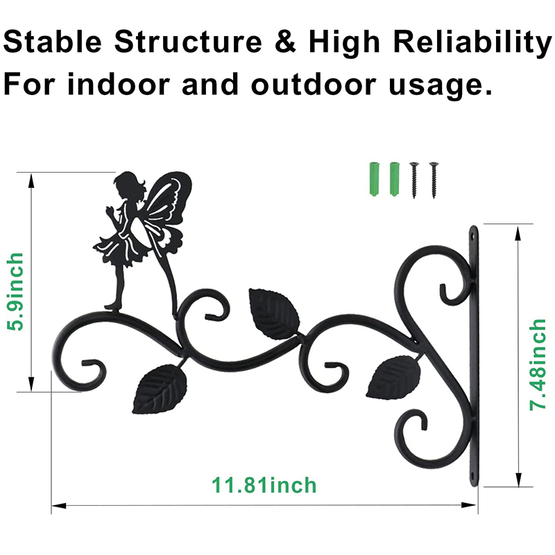 Milalit Decorative 3 Leaf Beauty Fairy Pattern Hanging Plants Bracket Bird Feeder Metal Iron Black Hanger Flower Basket Garden Wall Hook Iron Metal Fairy Beauty Design Decorative Brackets for Bird Nest Potted Plant Garden Street Lights Wind Chime