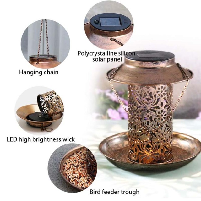 Milalit Solar Bird Hummingbird Feeder Hanging Metal Lantern with LED Light Hollow Carved Lamp for Outdoor Wide Animal Yard Decoration Hanging Metal Wild Bird Feeder Cardinals Garden Weather Resistance LED Lantern with S Hook Gift for Bird Lovers