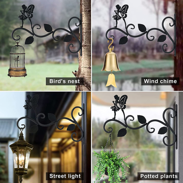 Milalit Decorative 3 Leaf Beauty Fairy Pattern Hanging Plants Bracket Bird Feeder Metal Iron Black Hanger Flower Basket Garden Wall Hook Iron Metal Fairy Beauty Design Decorative Brackets for Bird Nest Potted Plant Garden Street Lights Wind Chime