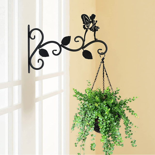Milalit Decorative 3 Leaf Beauty Fairy Pattern Hanging Plants Bracket Bird Feeder Metal Iron Black Hanger Flower Basket Garden Wall Hook Iron Metal Fairy Beauty Design Decorative Brackets for Bird Nest Potted Plant Garden Street Lights Wind Chime