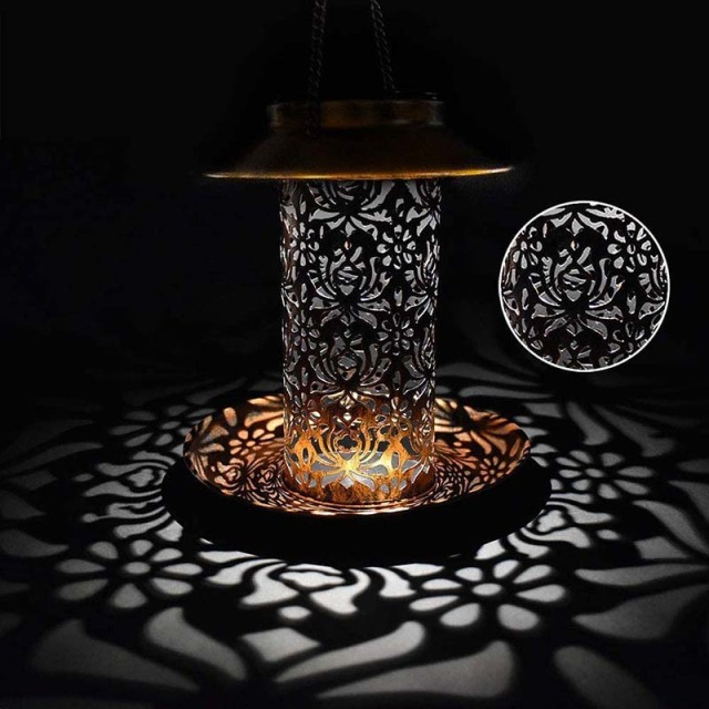 Milalit Solar Bird Hummingbird Feeder Hanging Metal Lantern with LED Light Hollow Carved Lamp for Outdoor Wide Animal Yard Decoration Hanging Metal Wild Bird Feeder Cardinals Garden Weather Resistance LED Lantern with S Hook Gift for Bird Lovers