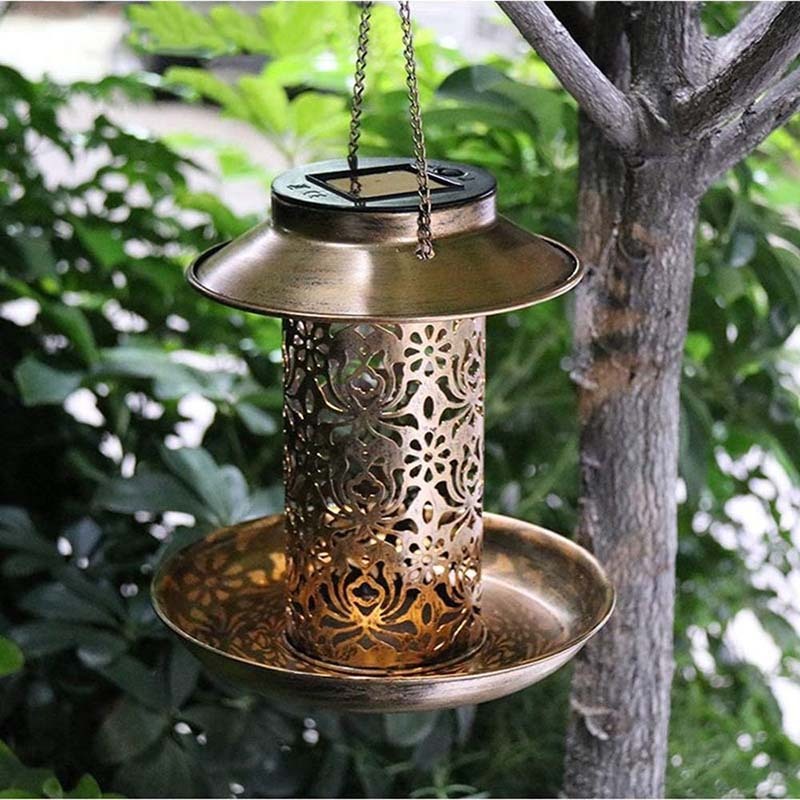 Milalit Solar Bird Hummingbird Feeder Hanging Metal Lantern with LED Light Hollow Carved Lamp for Outdoor Wide Animal Yard Decoration Hanging Metal Wild Bird Feeder Cardinals Garden Weather Resistance LED Lantern with S Hook Gift for Bird Lovers