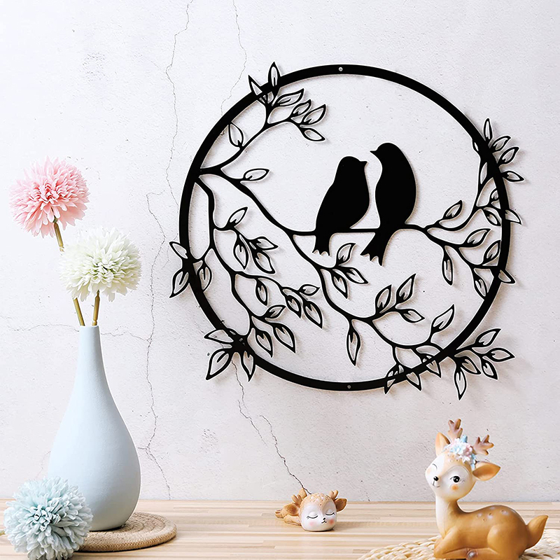 Milalit Metal Wall Round Craft Decor Art Bird on Tree Branch Silhouette for Living Wedding Room Bedroom Office Home Housewarming Party