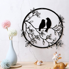 Milalit Metal Wall Round Craft Decor Art Bird on Tree Branch Silhouette for Living Wedding Room Bedroom Office Home Housewarming Party