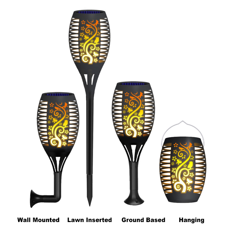 Milalit New Hollow Pattern Solar Tiki Flame Torch Light 14LED Wall Mounted Hook Hanging Ground Insert Flickering Dance Fire Table Lamps Dance Fire Wall Mounted Flame Stake Lamp Garden Torch Light with Ground Base Hanging Lawn Insert Accessories