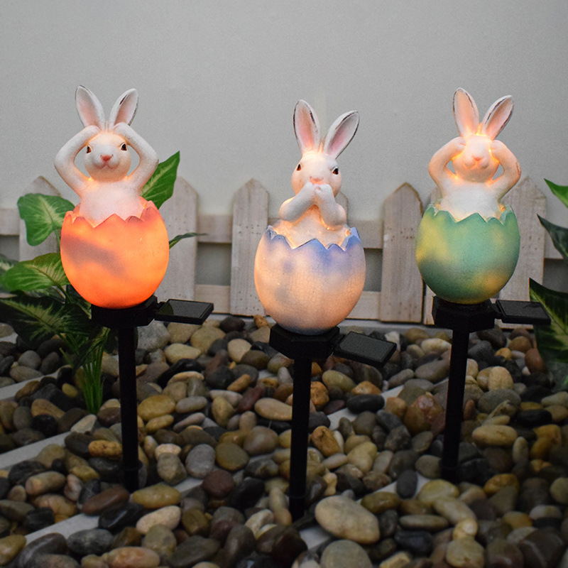 Milalit New Solar Cute Cartoon Rabbit Bunny Stake Light Green Orange Blue Eggshell Lawn Insert Lamps for Garden Yard Park Driveway