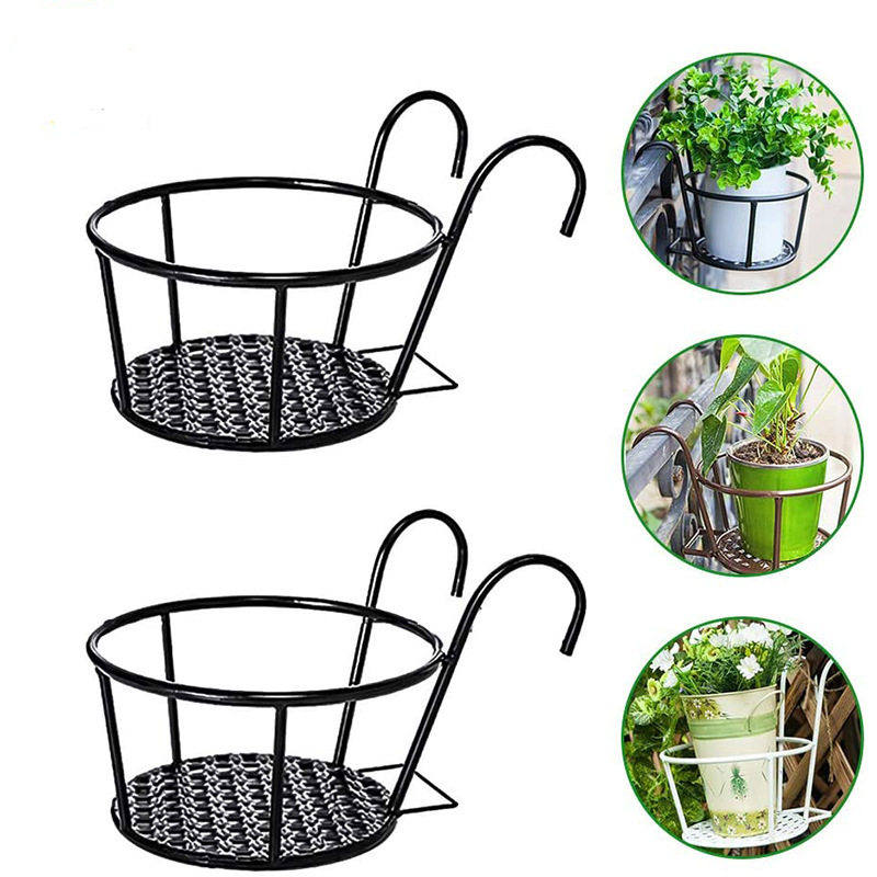 Milalit Iron Metal Flower Pot Green Plant Basket Black Outdoor Indoor Hanging Rack Stand Holder for Balcony Garden Fence Decoration