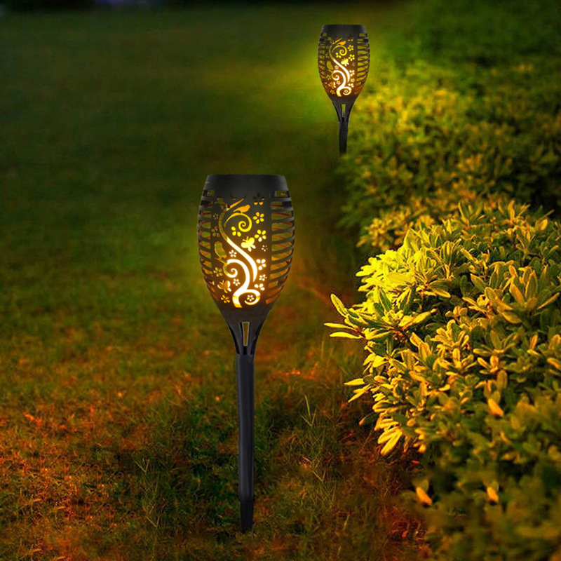 Milalit New Hollow Pattern Solar Tiki Flame Torch Light 14LED Wall Mounted Hook Hanging Ground Insert Flickering Dance Fire Table Lamps Dance Fire Wall Mounted Flame Stake Lamp Garden Torch Light with Ground Base Hanging Lawn Insert Accessories