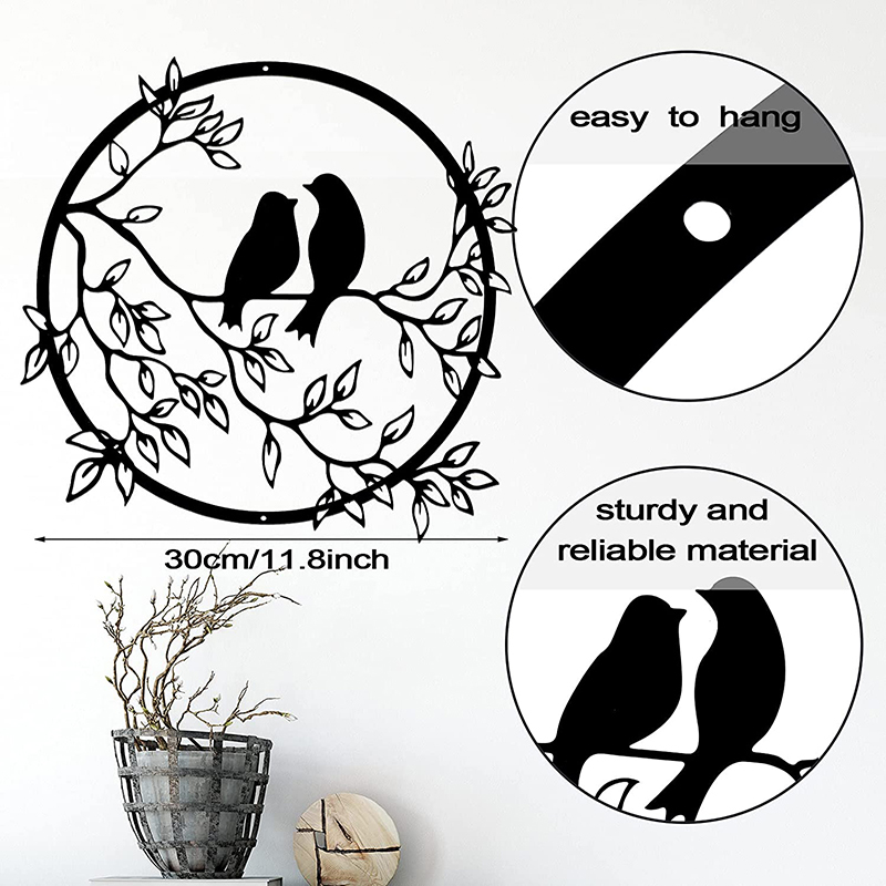 Milalit Metal Wall Round Craft Decor Art Bird on Tree Branch Silhouette for Living Wedding Room Bedroom Office Home Housewarming Party