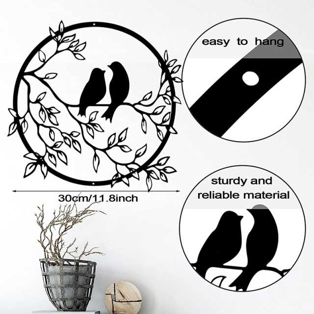 Milalit Metal Wall Round Craft Decor Art Bird on Tree Branch Silhouette for Living Wedding Room Bedroom Office Home Housewarming Party