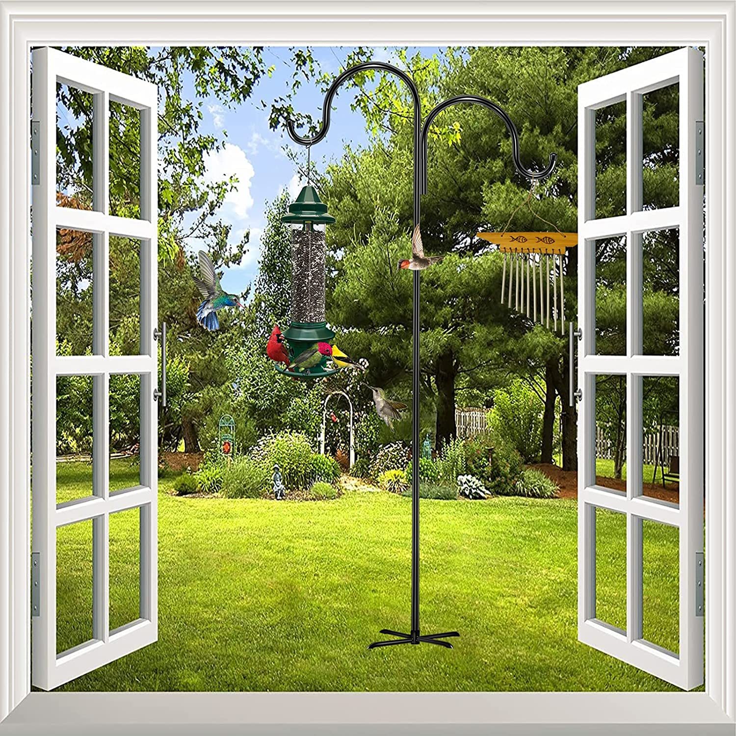 Milalit 2 Meters 79inch Shepherd Double Hook Metal Bird Feeder Pole with 5 Base Prongs Stand for Garden Lantern Wedding Decoration Shepherd Hook Iron Metal Heavy Duty Bird Feeder Pole with 5 Base Prongs Single Stand for Hanging Lantern Flowerpot
