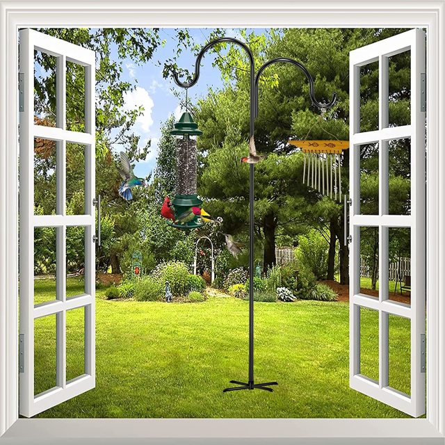 Milalit 2 Meters 79inch Shepherd Double Hook Metal Bird Feeder Pole with 5 Base Prongs Stand for Garden Lantern Wedding Decoration Shepherd Hook Iron Metal Heavy Duty Bird Feeder Pole with 5 Base Prongs Single Stand for Hanging Lantern Flowerpot