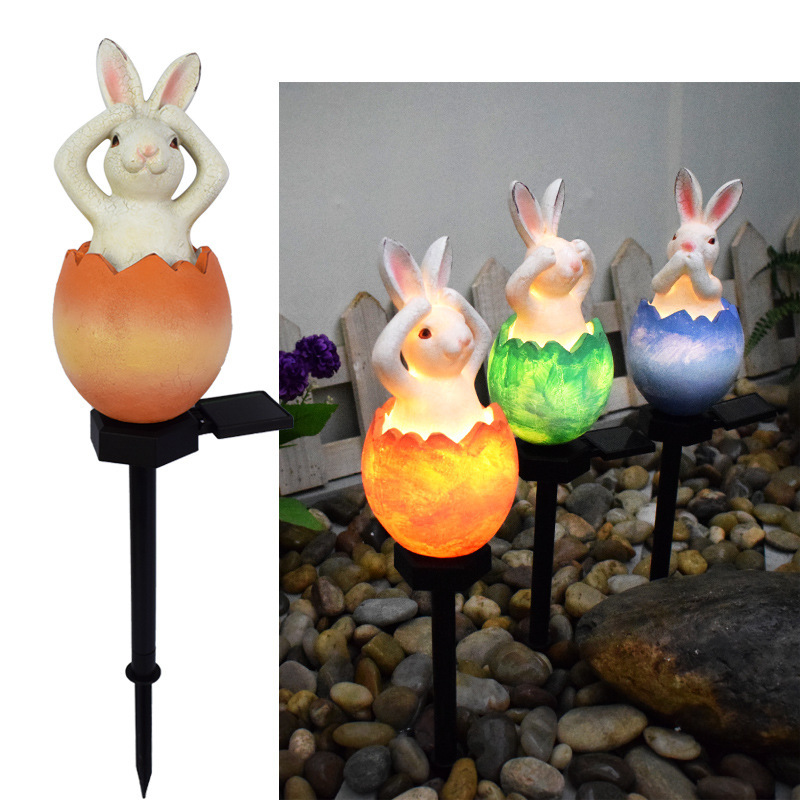 Milalit New Solar Cute Cartoon Rabbit Bunny Stake Light Green Orange Blue Eggshell Lawn Insert Lamps for Garden Yard Park Driveway