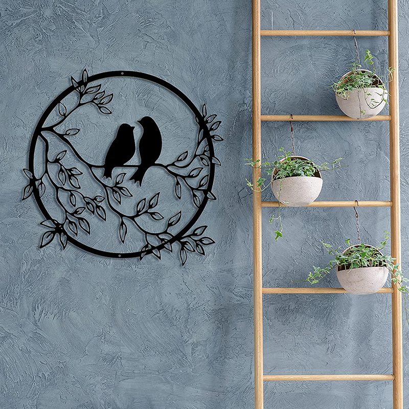 Milalit Metal Wall Round Craft Decor Art Bird on Tree Branch Silhouette for Living Wedding Room Bedroom Office Home Housewarming Party