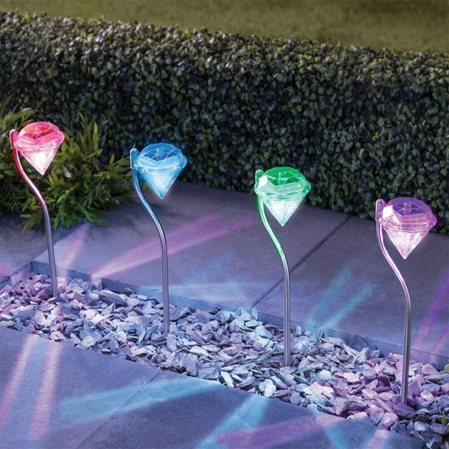 Milalit LED Outdoor Modern Landscape Light Pole Pathway Solar Powered Stainless Steel Diamond Shape Stake RGB Lamps for Yard Driveway Gate