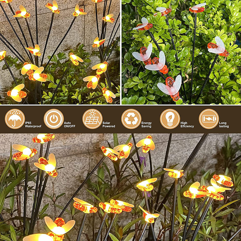 Milalit Solar Honeybee 6 Heads 8 Heads 10 Heads Swaying Bee Lights Waterproof Insects Grace Outdoor Warm White ABS Lamp for Outdoor Holiday Decoration