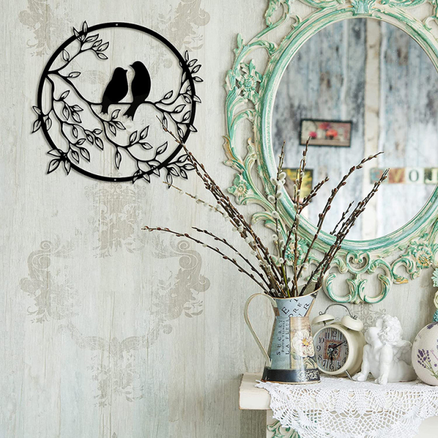 Milalit Metal Wall Round Craft Decor Art Bird on Tree Branch Silhouette for Living Wedding Room Bedroom Office Home Housewarming Party